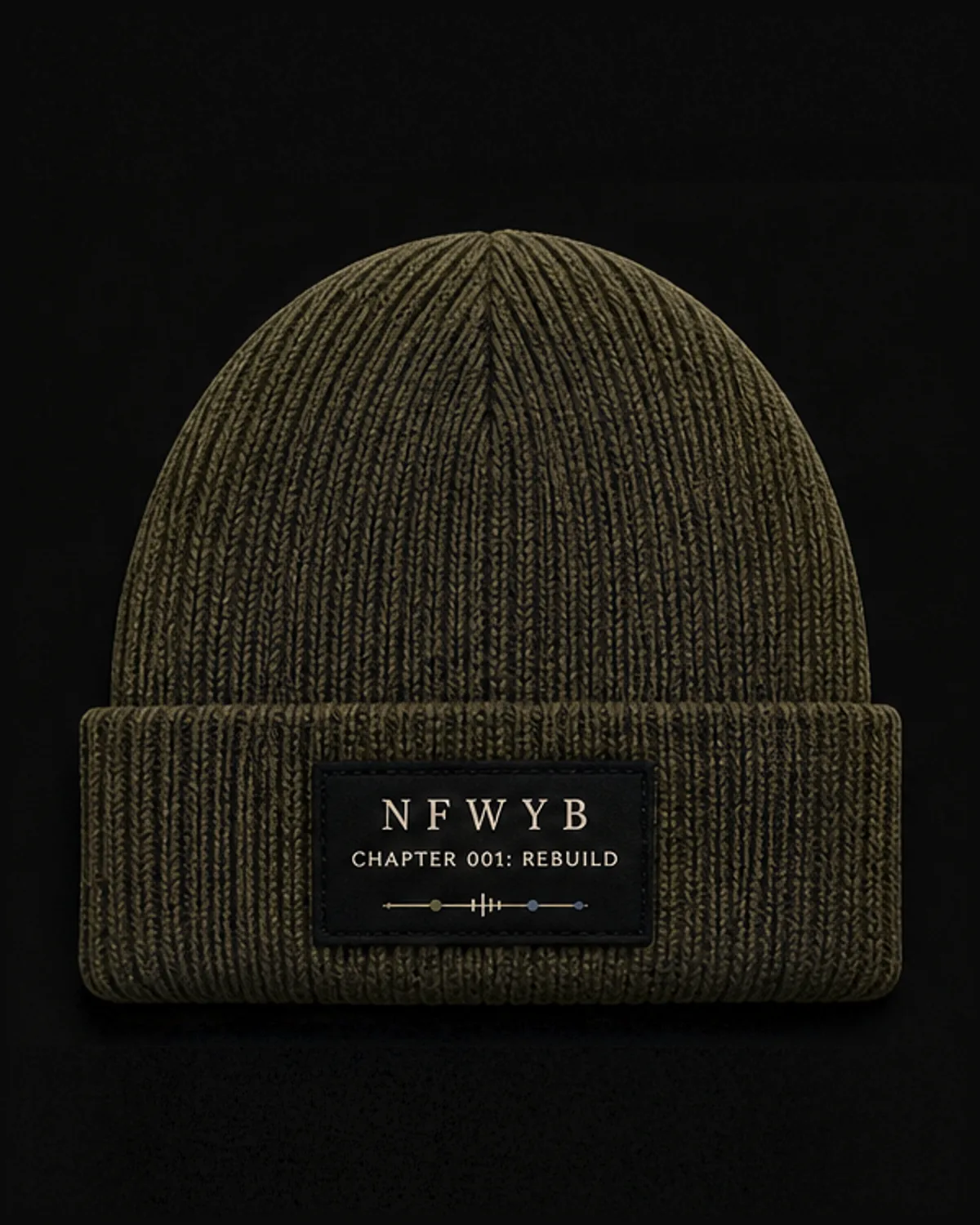 Cuffed Beanie in muted olive with black woven NFWYB Chapter 001 patch