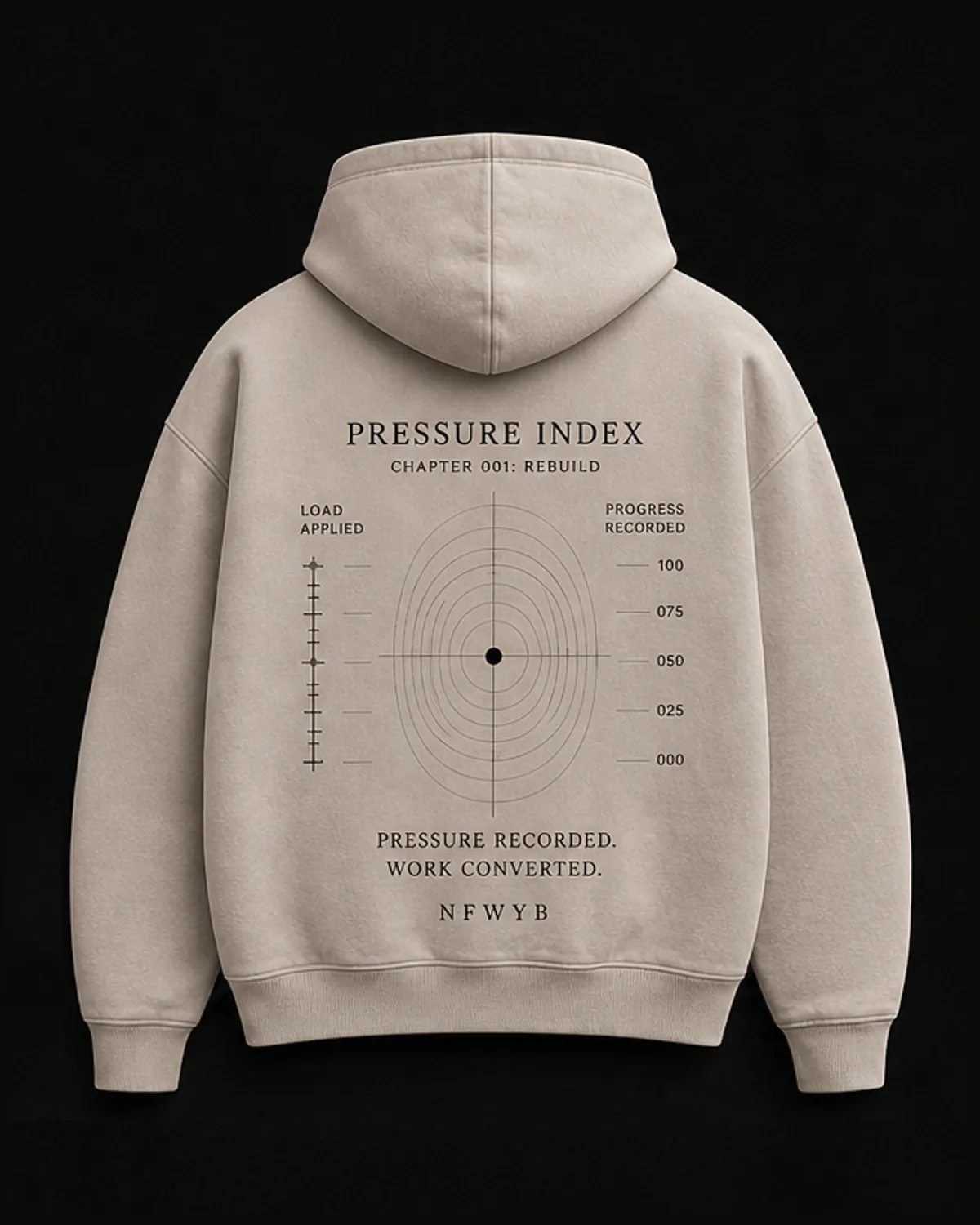 Pressure Index Hoodie back graphic with measured rings and the line Pressure recorded. Work converted.