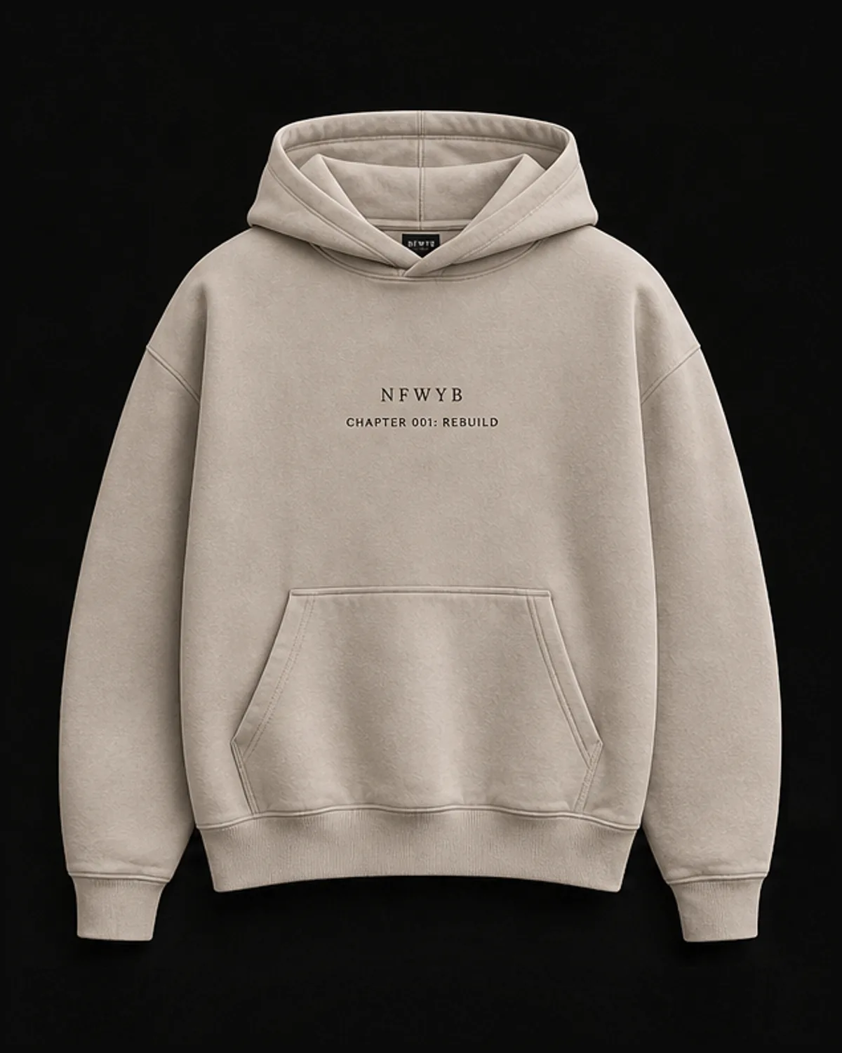 Pressure Index Hoodie in warm bone, front with NFWYB Chapter 001 chest mark