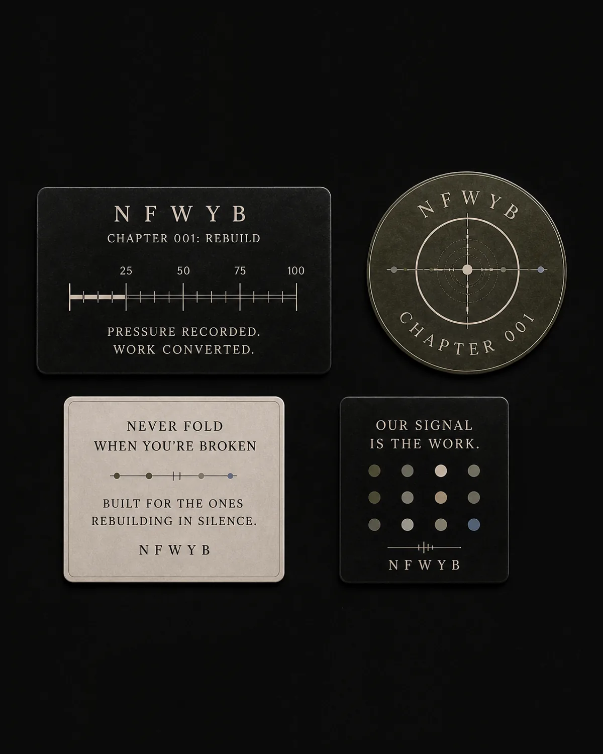 Four NFWYB Chapter 001 matte vinyl stickers laid out on black